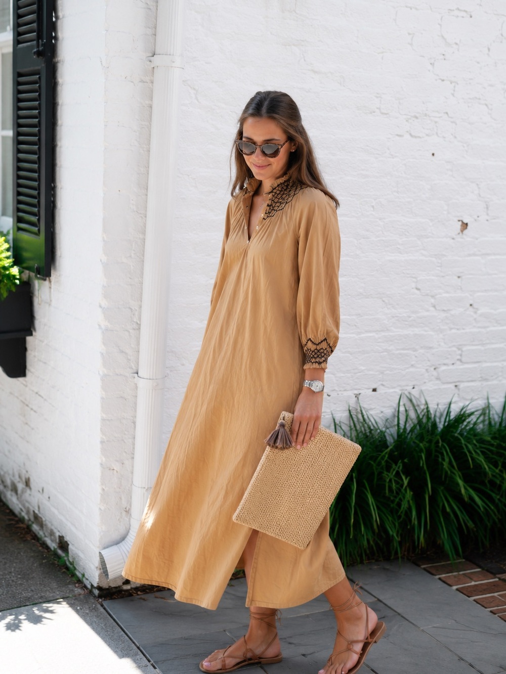 Madison Mathews Camel Smocked Embroidered Maxi Dress Size Medium